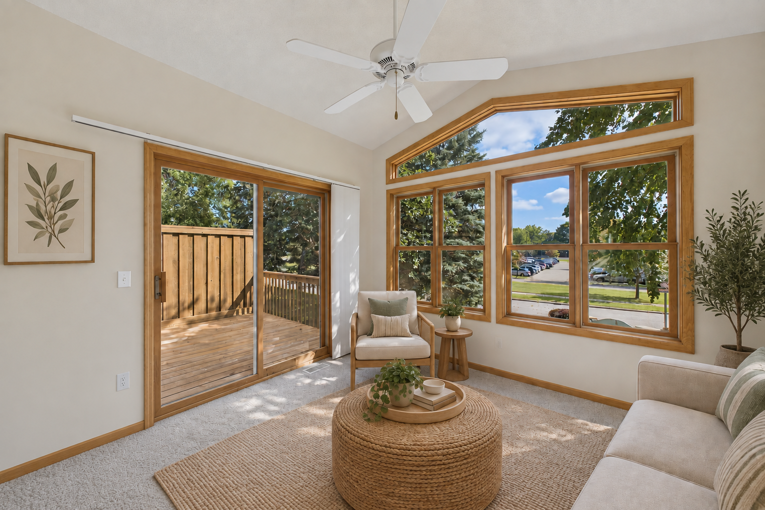 The room flows effortlessly from the main living spaces to the deck. This photo is virtually staged.