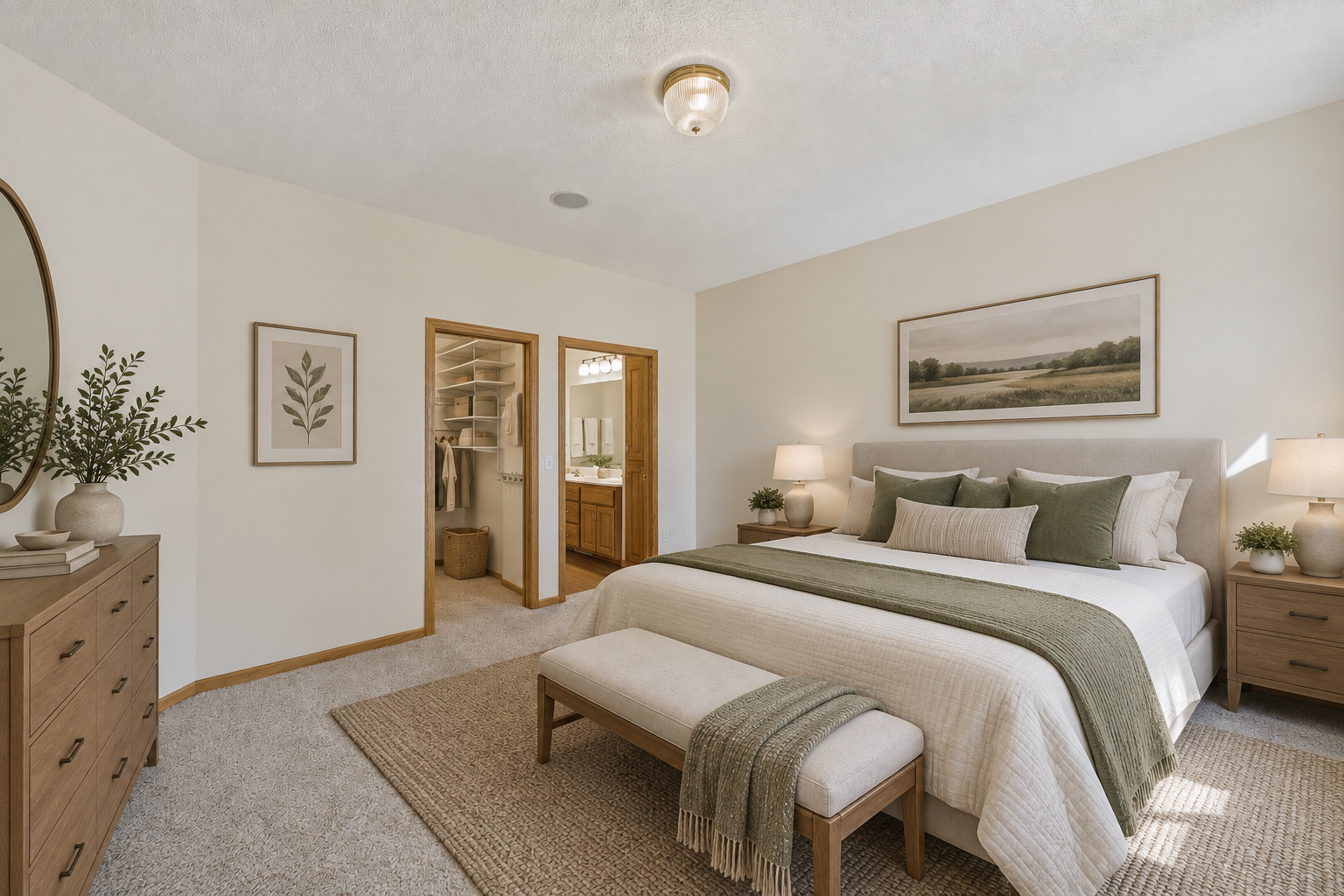 Virtually staged to showcase the spacious primary suite, complete with a generous walk-in closet and private ensuite bath.