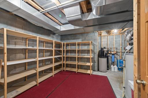 Exceptional lower-level storage and utility room offering abundant space for organization, seasonal dÃ©cor, and household essentials. Multiple shelving units provide outstanding storage capacity. The unfinished area allows access to the mechanicals