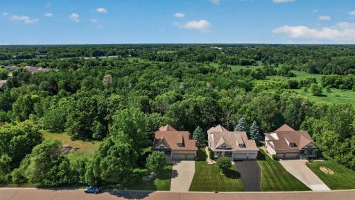 This aerial view showcases the home's premium setting adjacent to a large wooded open space that will remain undeveloped, creating a peaceful natural backdrop and abundant wildlife habitat