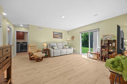 Spacious lower level family room with walk-out patio door for quick access to the private back yard.