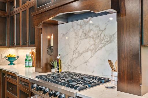 Viking 6-burner range with marble backsplash