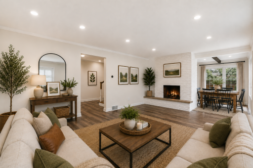 A beautiful brick fireplace serves as the centerpiece of the main living area!