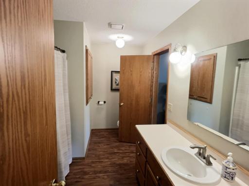This large upper level full bathroom provide access from primary sweet and the rest of the upper floor.