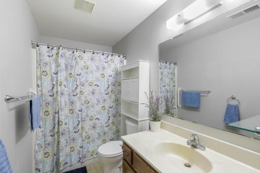 Roomy full bathroom with lots of storage space.