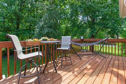 Private deck secluded with the trees off the side of the home, seller to re-stain deck before closing