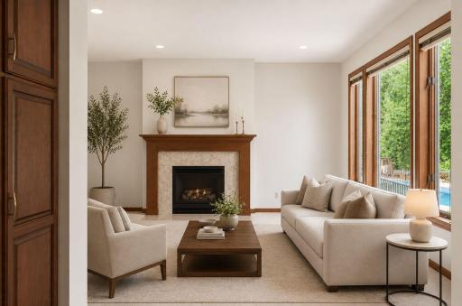 living room facing the lake virtually staged