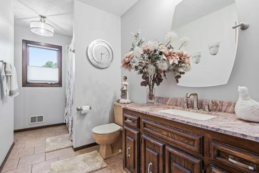 Main floor bathroom with a walkthrough to the primary bedroom.