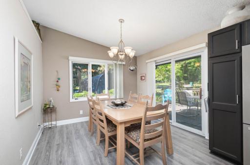 The dining area features LVP flooring, white trim and steps out to the back yard deck for grilling.
