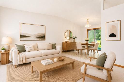 Inviting living room with vaulted ceiling ideal for both relaxing and entertaining. Photo has been virtually staged.
