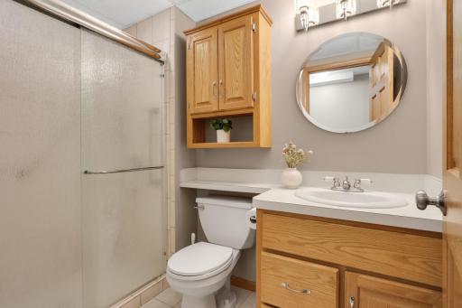 Lower-level bathroom with a spacious shower, ample storage, and convenient access for guests.