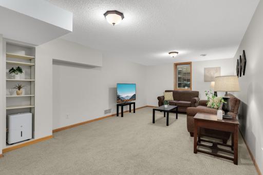 Large lower-level family room provides exceptional space for movie nights, games, and entertaining.