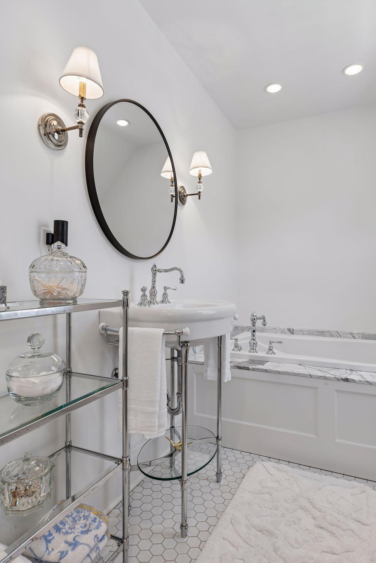 Marble surrounds soaking tub.