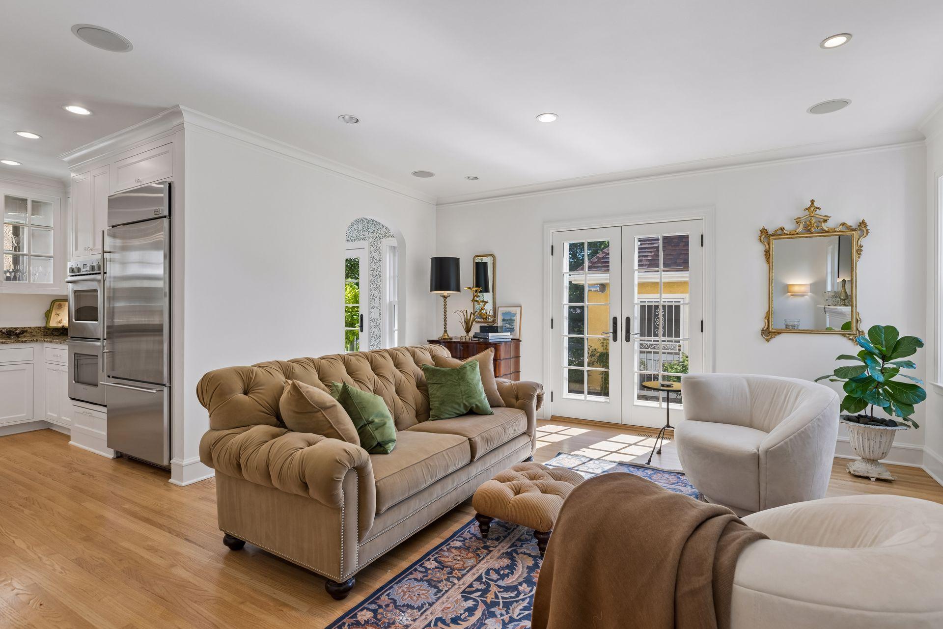 Kitchen flows into family room.