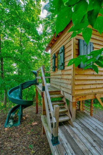 The tree house structure has a ladder, a slide, and a climbing wall.