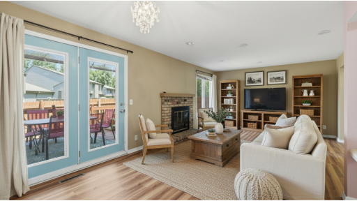 Staged living room. The patio doors fill the space with abundant natural light.