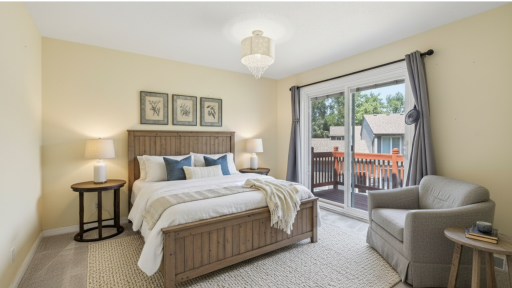 Primary suite virtually staged. The spacious primary suite easily accommodates larger furnishings, and the patio door floods the room with beautiful natural light.