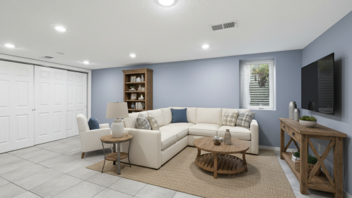 Staged lower level family room. The large closet is great for storing games, blankets, luggage, holiday decor, etc.