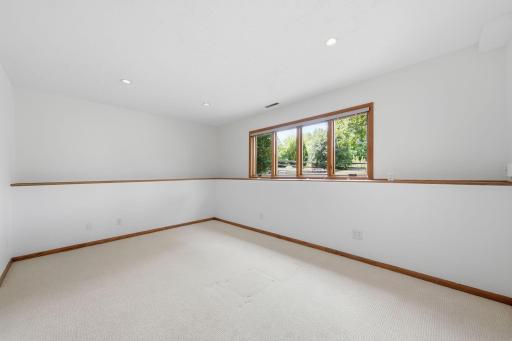 Lower level family room with Pella windows.
