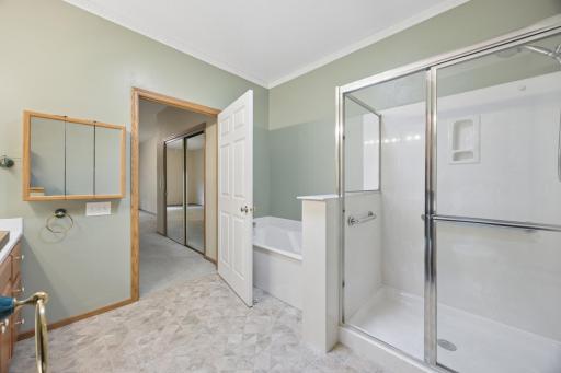 Primary bath with separate tub and shower.