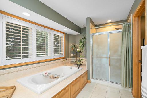 Primary bathroom has separate tub/shower and a water closet. Lots of storage in the primary bath area.