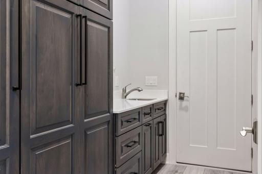 MIL suite laundry room. Equipped with sink, closets, cabinetry, and access to the MIL suite garage.