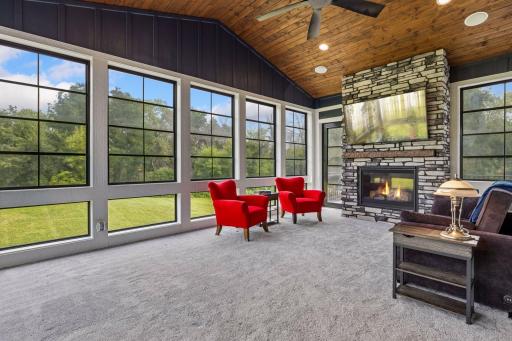 The sun room provides a high-capacity gas fireplace.