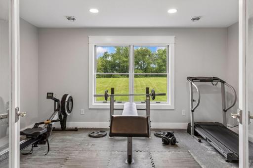 The fitness room looks over the backyard as you run and has a small closet, great for storing gym equipment.