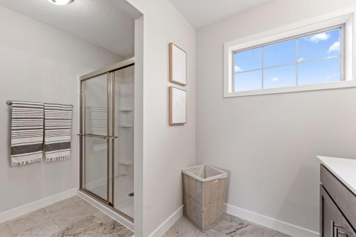 In master bathroom, shower and toilet separated from vanity