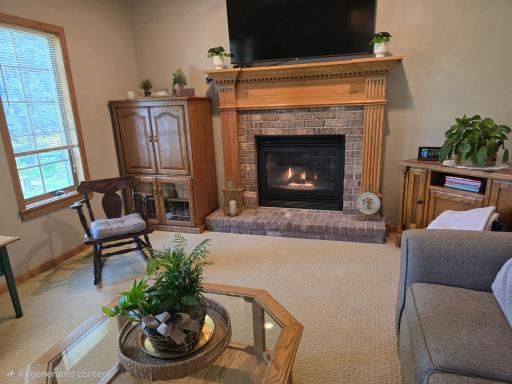 Sunken living family friend room have brick fireplace and carpeted comfy floors with ample large windows. Ample space above the gas fireplace with blower. Note the space for a large screen led television for comfortable viewing.