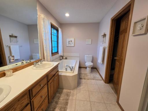 Owners bathroom has dual vanities with plenty of mirrors and accent carpet for tender feet!