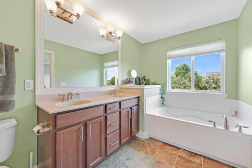 The primary bathroom, is... wow! Dual sinks, separate tub and shower, and lots of light from the big window.