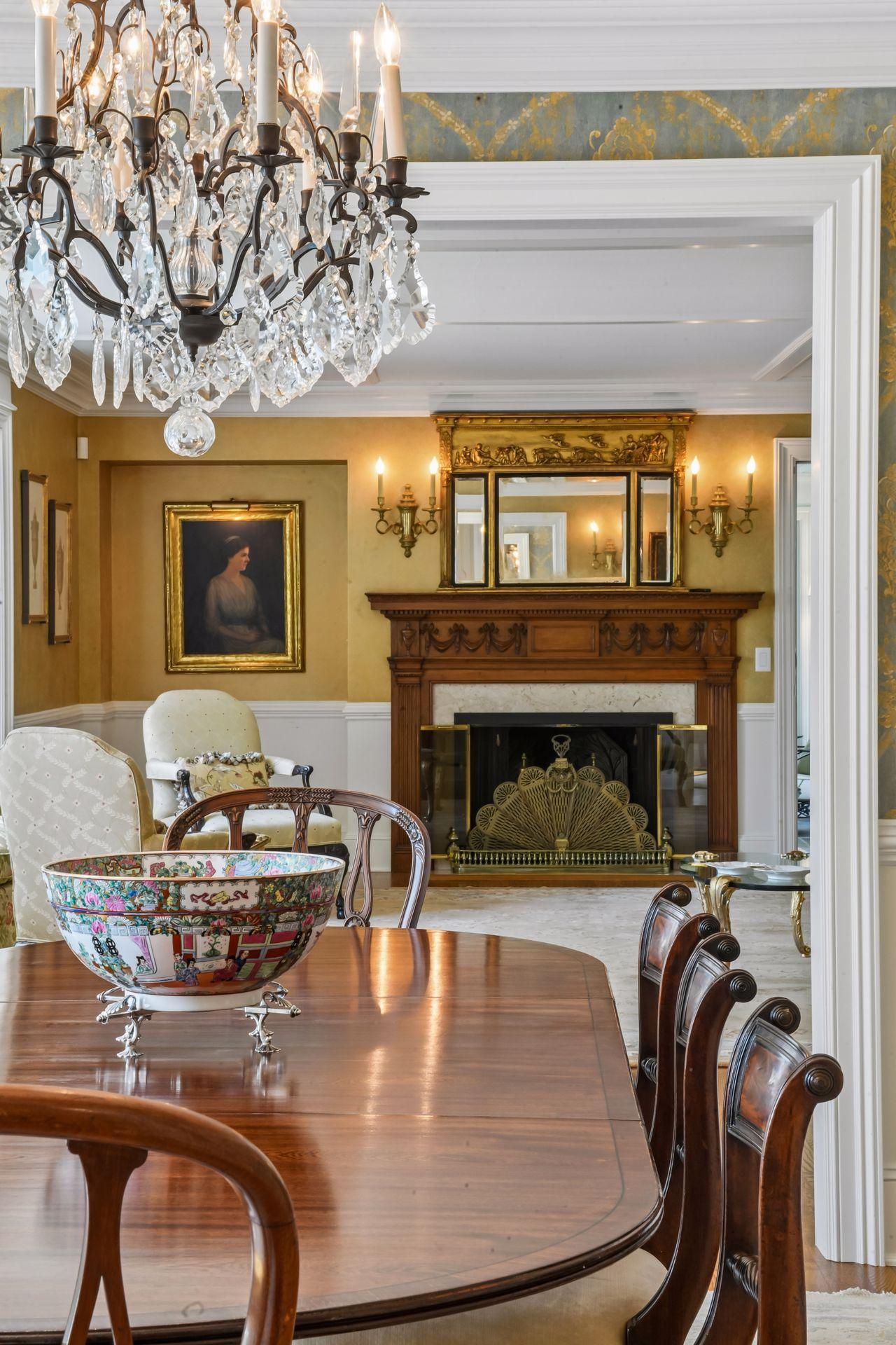 cozy fireplace as backdrop in dining area