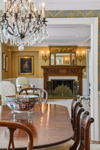 cozy fireplace as backdrop in dining area
