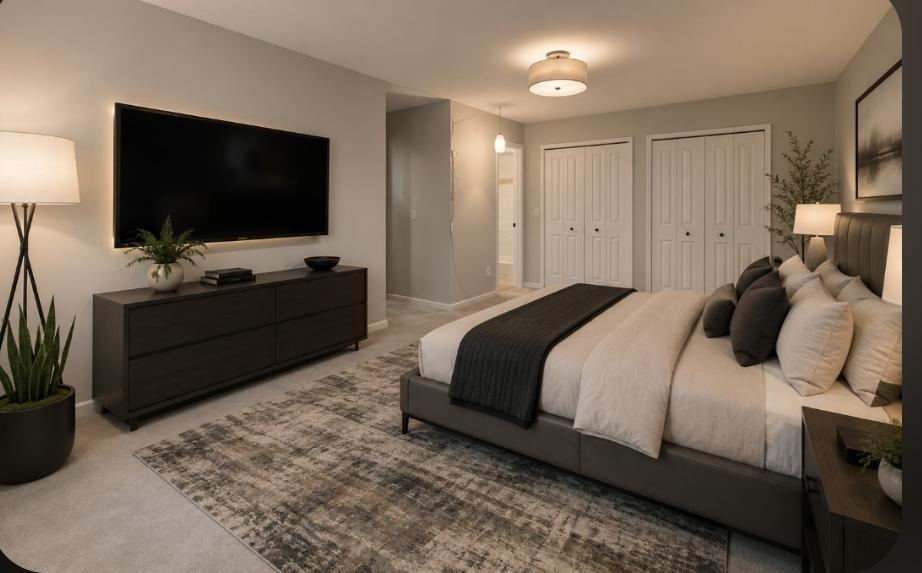 Primary bedroom with 2 closet. So much space, walk to the bathroom. Virt. stage.