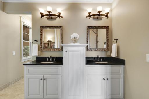 Well appointed primary bathroom with double sinks. Walk-in steam shower and spacious primary closet.