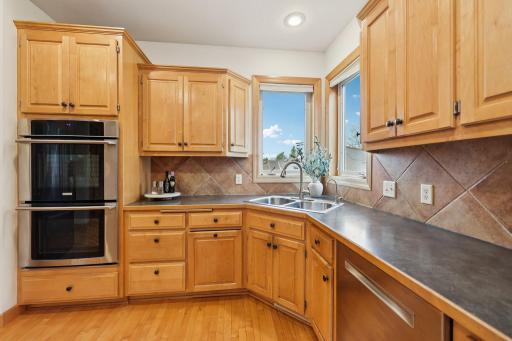 Double ovens and a corner kitchen window make cooking a breeze