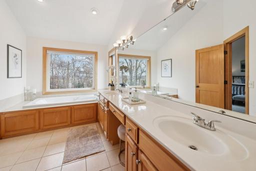 Double sink vanity and jetted tub