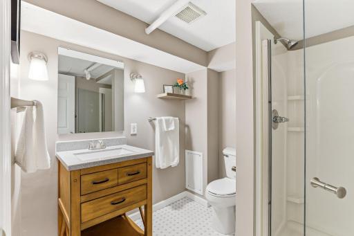 The basement bathroom was fully remodeled in 2020, featuring fresh finishes, updated fixtures, and a clean, modern look.