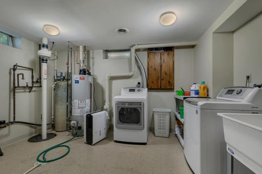 Mechanical systems include a high-efficiency Carrier Infinity forced-air furnace, built-in humidifier, electronic air filtration system, and power-vented gas water heater. The room also features durable epoxy flooring.