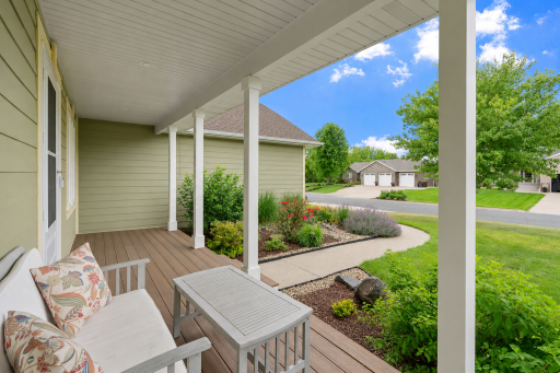 Covered front porch looking out onto cul de sac