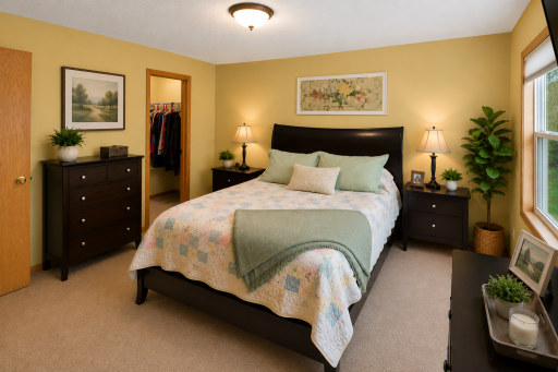 Walk-in closet in the primary bedroom (virtual enhanced staging)