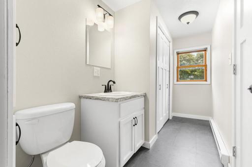 The upper level bathroom - great storage in this bathroom.