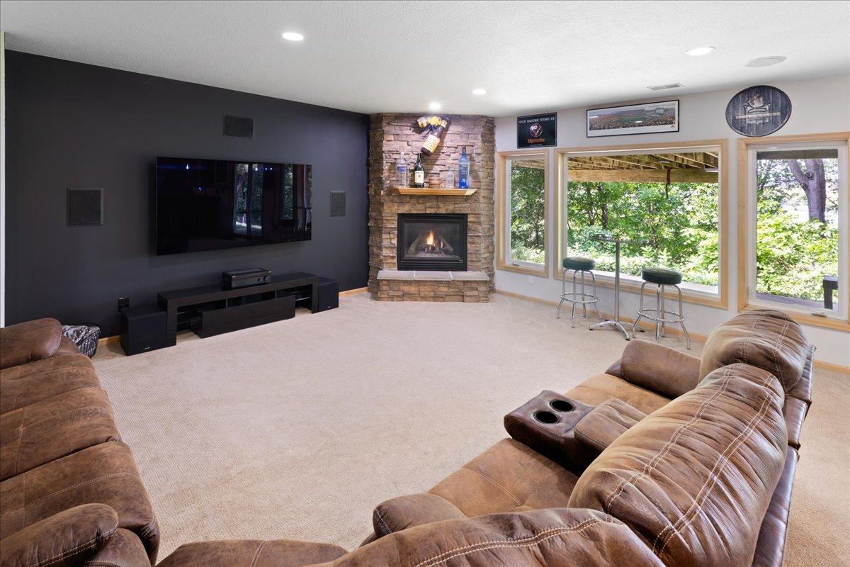 Big screen TV space and stone gas fireplace