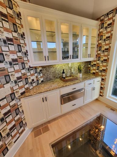 Warming oven, granite countertop and lighted glass display cabinets
