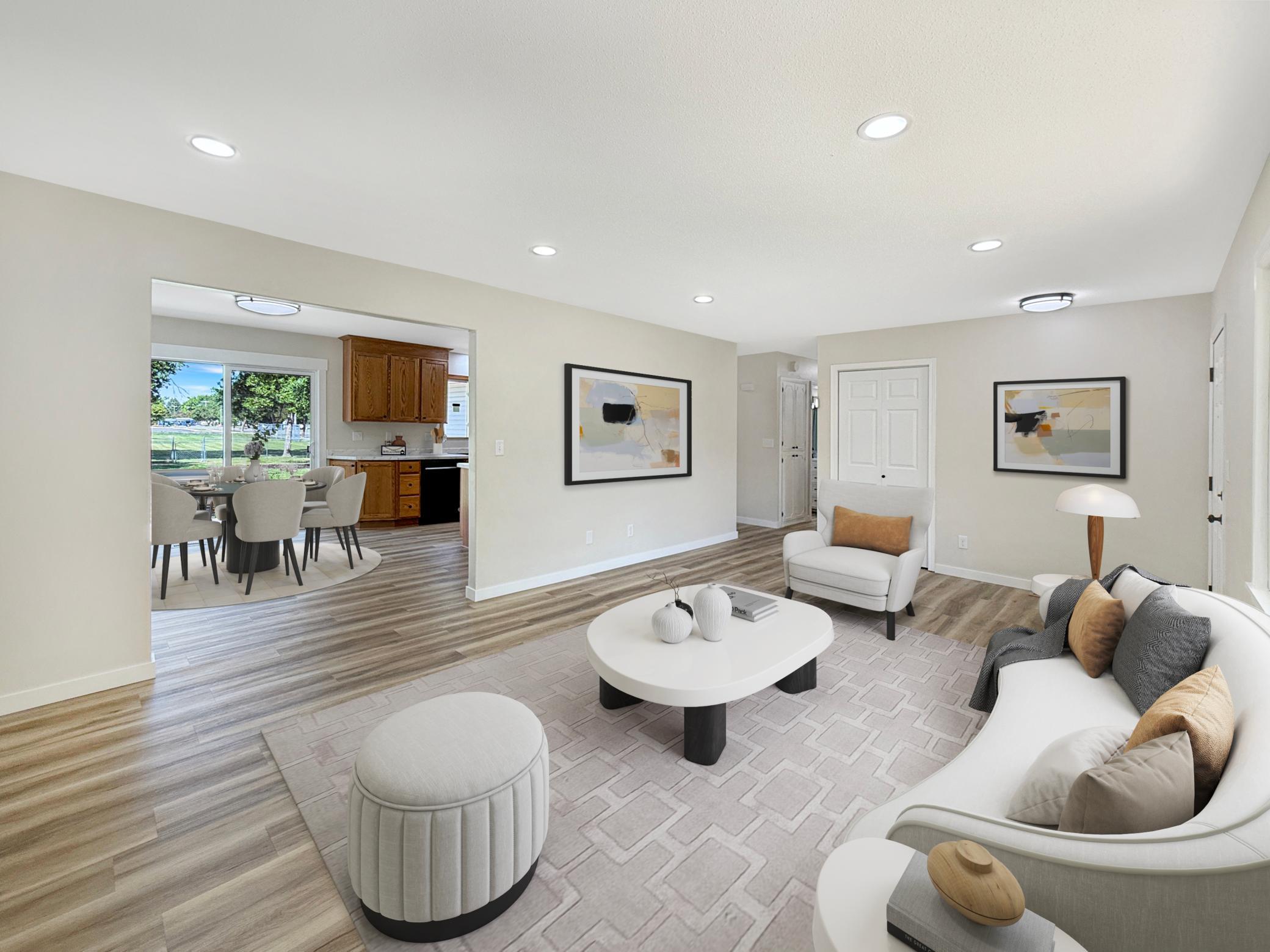 Virtually staged- Living room, dining & kitchen