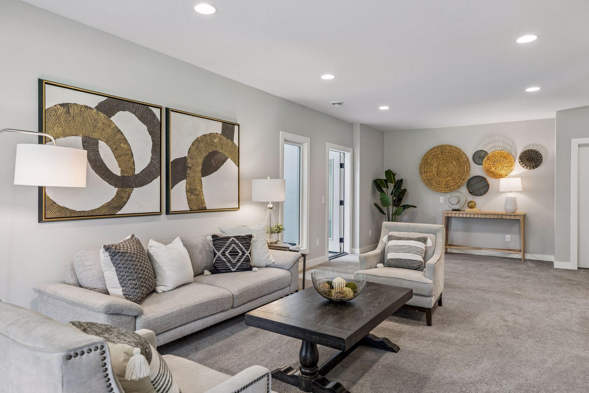 Lower level living room opens to sport court