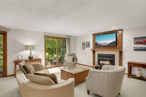 Lower-level family room also has a wood burning fireplace