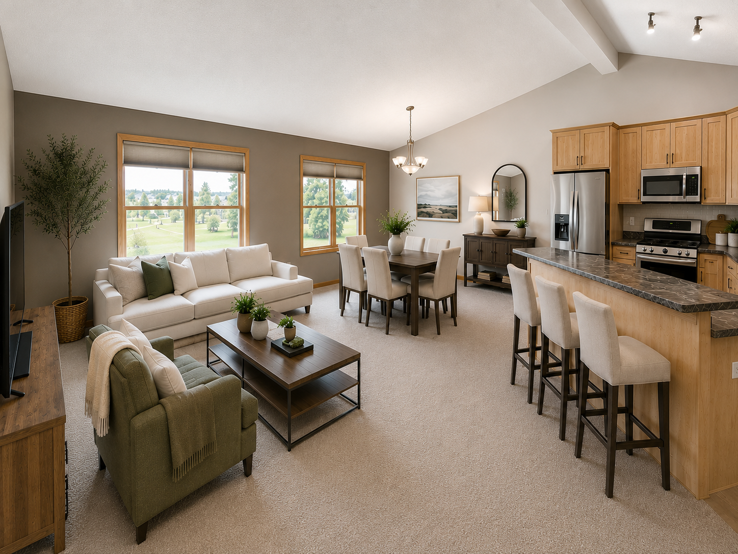 Large living room with open concept - new carpet and paint