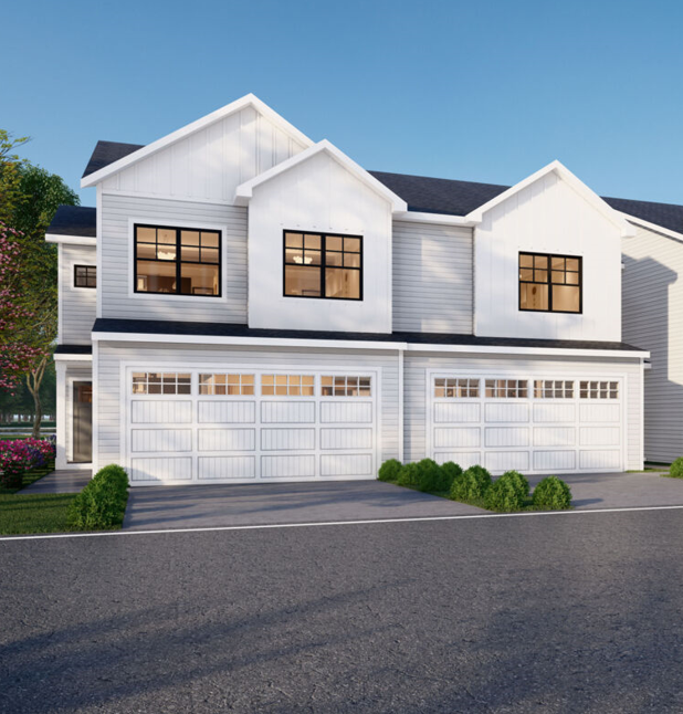 Exterior features white siding with black windows